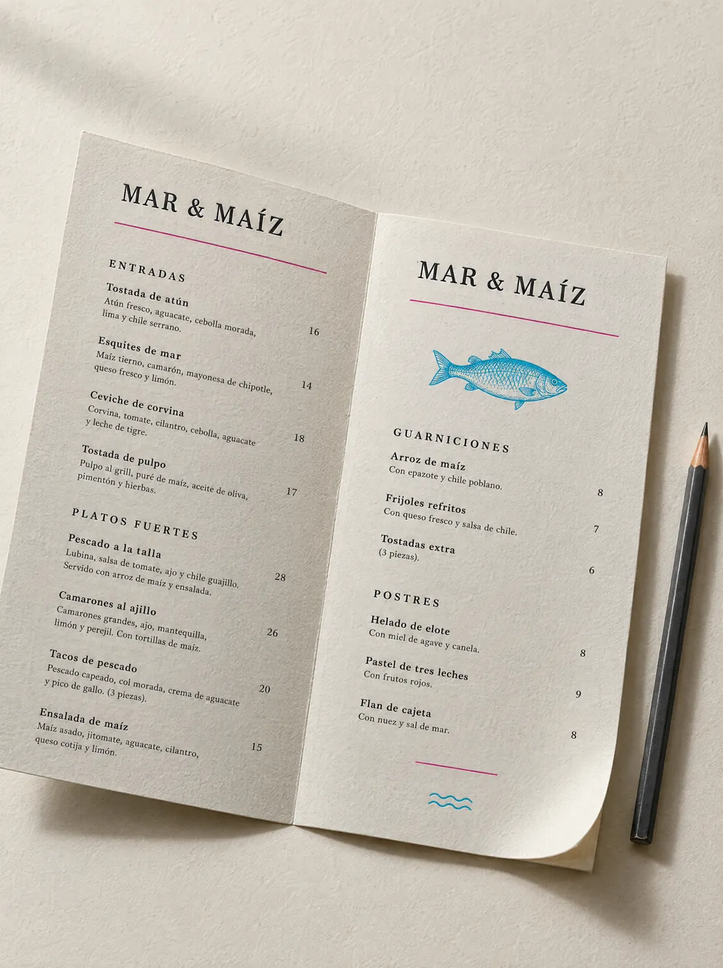 Menú de restaurante abierto en papel de algodón